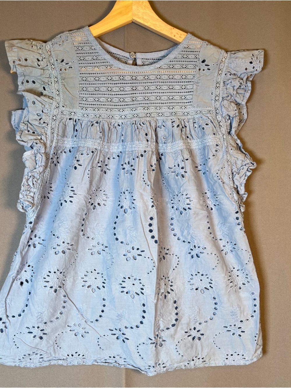 Light Blue Eyelet FlutterSleeve Women’s SzM Blouse Top Babydoll Boho Cottagecore